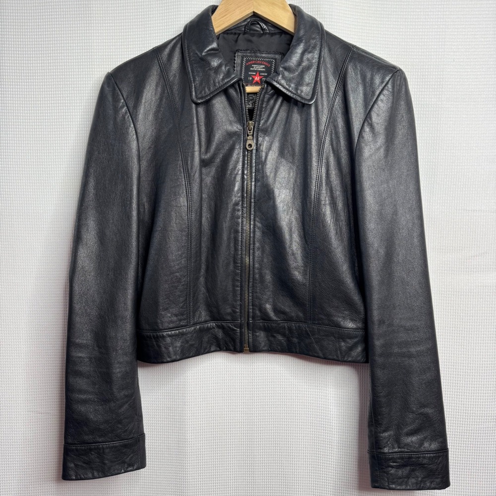 Vintage American Eagle Womens Crop Black Genuine Leather Full Zip Jacket Size M